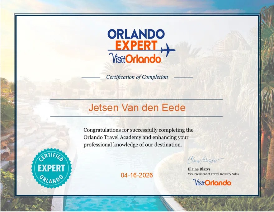 Certificaat Orlando Expert — Visit Orlando, op naam van Jetsen Van den Eede
